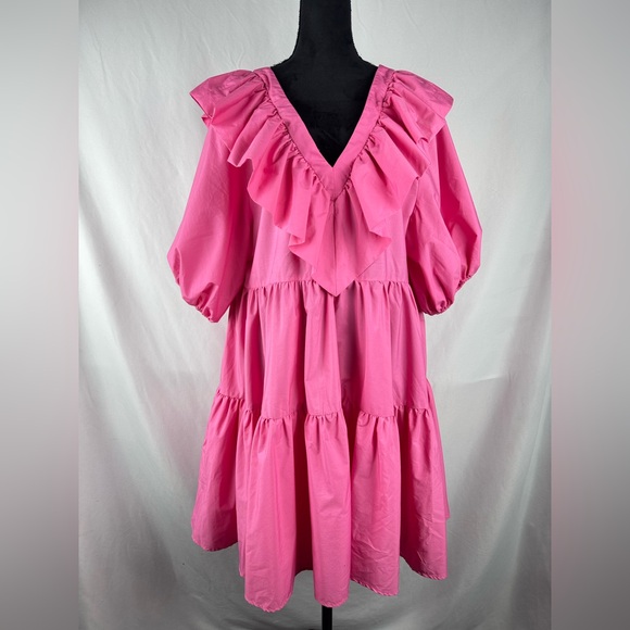 SHEIN Dresses & Skirts - SHEIN Hot Pink Ruffled V-Neck Midi Dress with Puff Sleeves